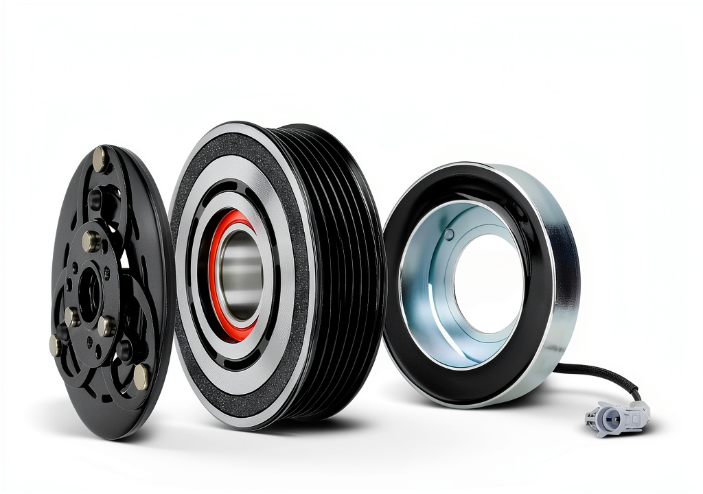 A-Premium AC compressor clutch kit components laid out on a garage workbench