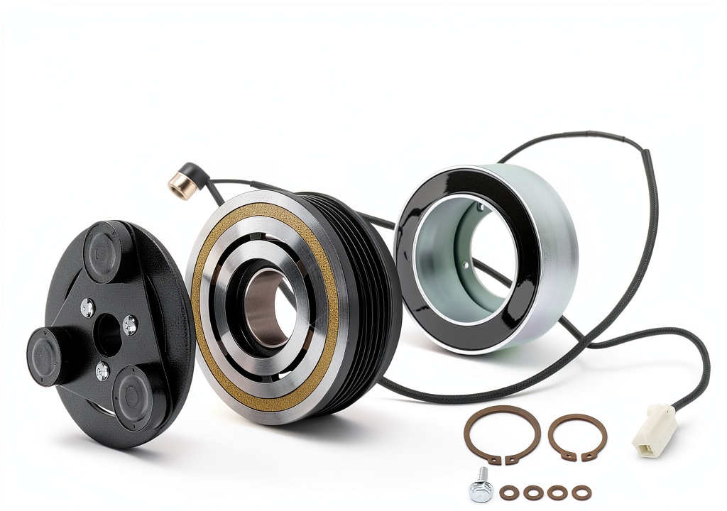 A-Premium A/C compressor clutch kit components laid out on a workbench