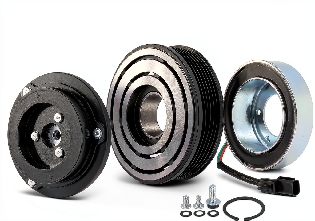 A-Premium A/C clutch kit components laid out on a workbench