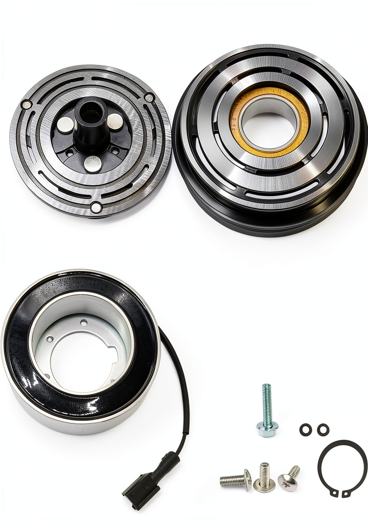 TINJO AC compressor clutch kit components laid out on a workbench